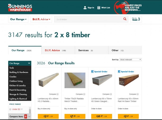 Bunnings Warehouse website screenshot